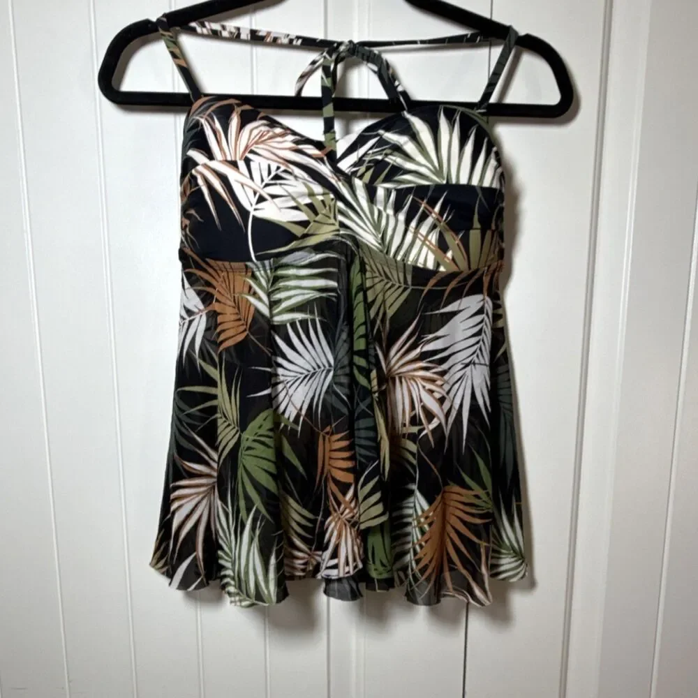 Kona Sol Tropical Leaf Print Halter Tankini Swim Top Built-In Bra Black M - Picture 1 of 9